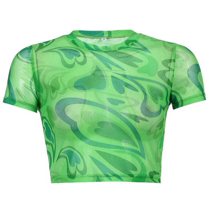 Y2K Neon Heart Mesh See Through Crop Top – Short Sleeve Aesthetic Festival Top