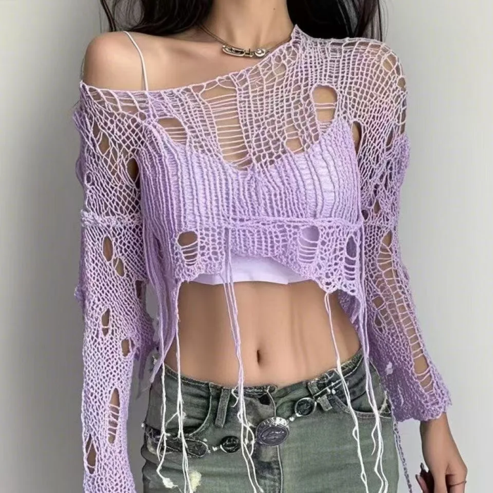 Purple Y2K Distressed Cropped Sweater – Y2K Ripped Knit Top