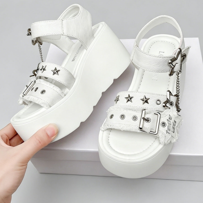White Aesthetic Star Platform Sandals – Chunky Chain Wedge Sandals