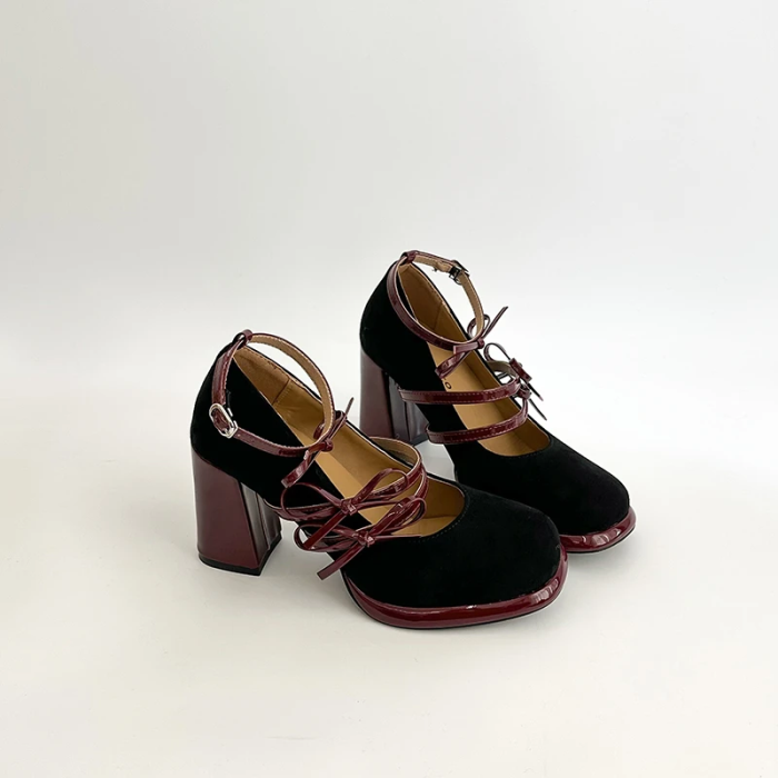 Black and burgundy high-heeled shoes | Coquette Bow Mary Janes | Aesthetic Shoes