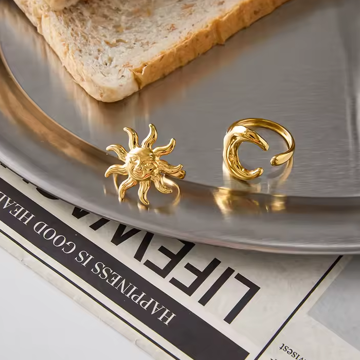 Gold Celestial Sun and Moon Ring Set - Aesthetic Statement Jewelry