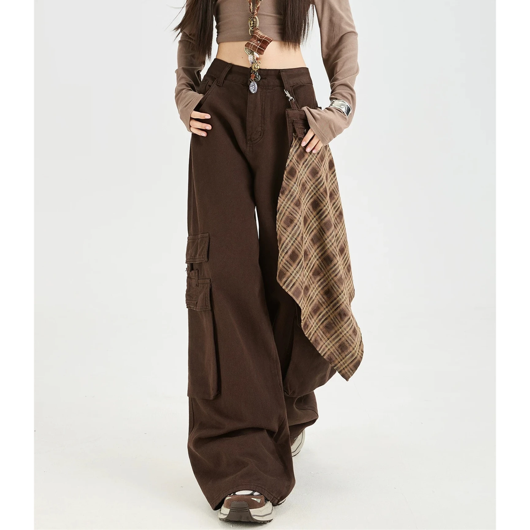 Cool Girl Brown Y2K Cargo Pants – Aesthetic Streetwear Wide Leg Trousers