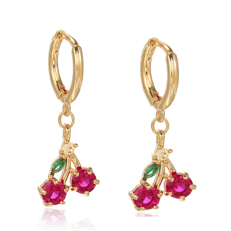 Pink Cherry Hoop Dangle Earrings - Coquette Cherry Dangle Earrings
