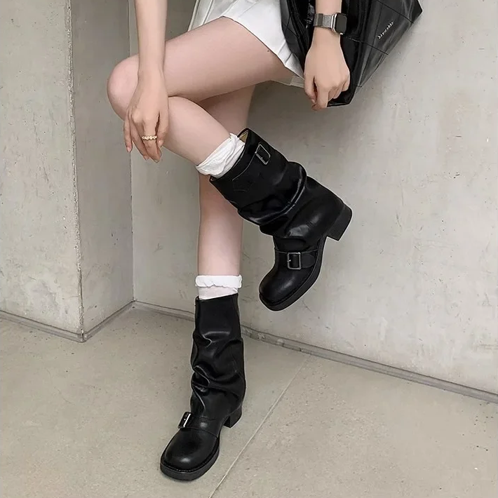 Edgy Knight Buckle Boots for Women – Autumn Black Chunky Heel Mid Calf Boots