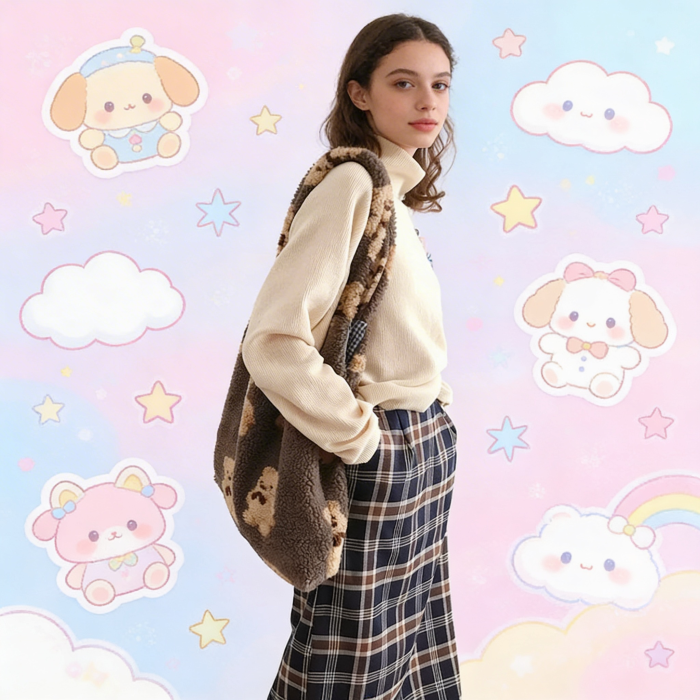 Person wearing a fluffy animal-patterned bag | Honey Bear Shoulder Bag | Aesthetic Bag
