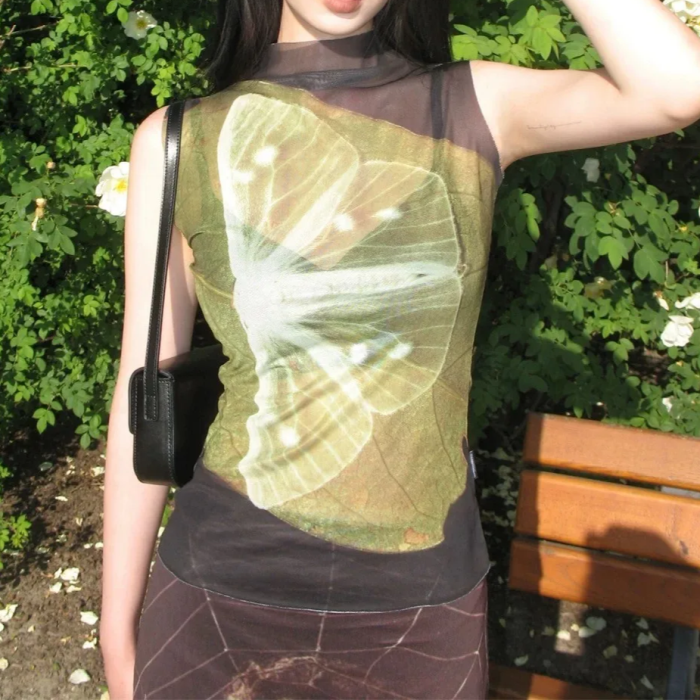 Green Moth Sleeveless Top | Y2K Aesthetic Streetwear Top