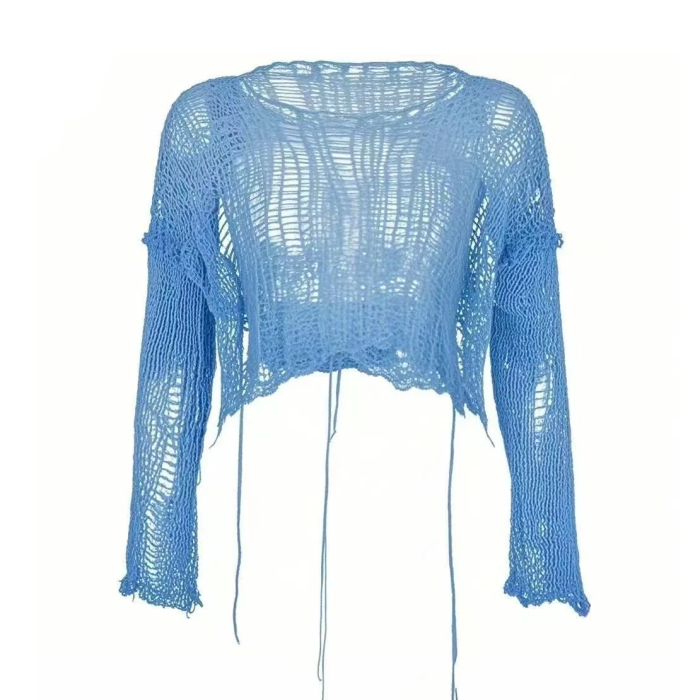 Blue Y2K Distressed Cropped Sweater – Y2K Ripped Knit Top