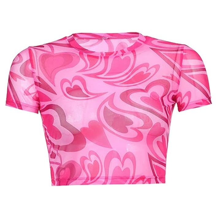 Y2K Neon Heart Mesh See Through Crop Top – Short Sleeve Aesthetic Festival Top