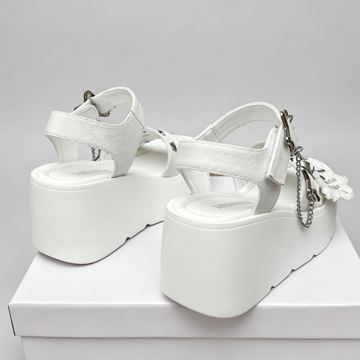 White Aesthetic Star Platform Sandals – Chunky Chain Wedge Sandals