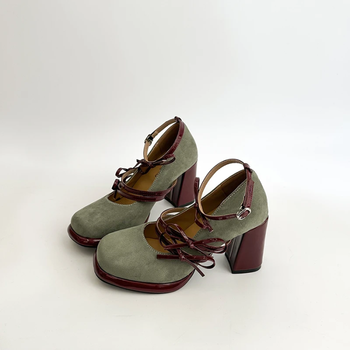 Pair of green suede shoes with brown block heels | Coquette Bow Mary Janes | Aesthetic Shoes