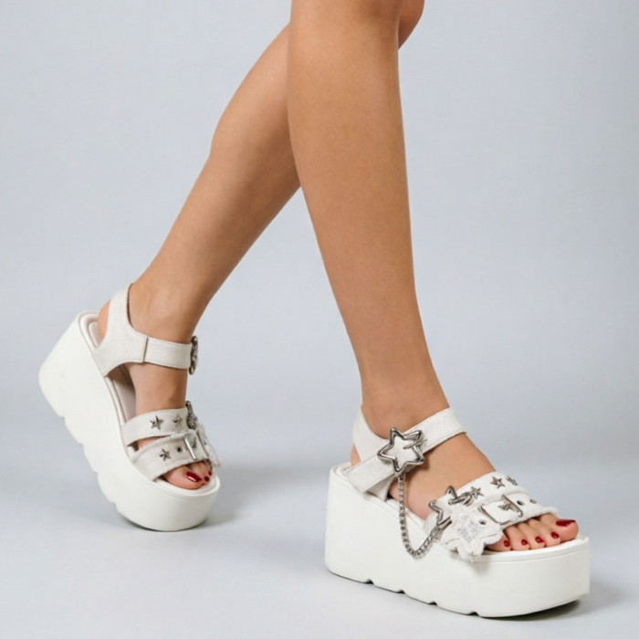 White Aesthetic Star Platform Sandals – Chunky Chain Wedge Sandals