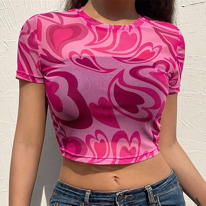Y2K Neon Heart Mesh See Through Crop Top – Short Sleeve Aesthetic Festival Top