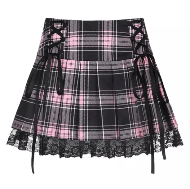Lace Up Plaid Skirt - All Things Rainbow