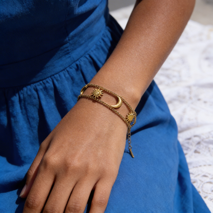 Gold bracelet with star and moon designs | Sun & Moon Harmony Bracelet | Aesthetic Bracelet