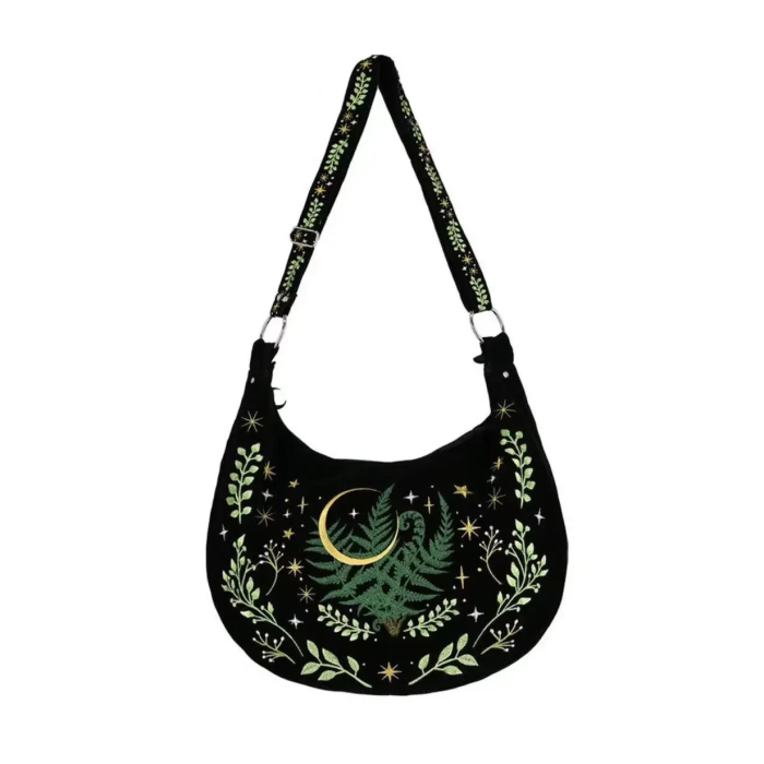 Black handbag with nature-themed design featuring leaves and a moon | Secret Garden Embroidery Bag | Aesthetic Bag