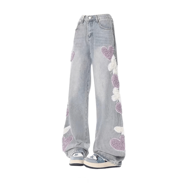 Heart Patchwork Straight Leg Jeans | Aesthetic Clothes