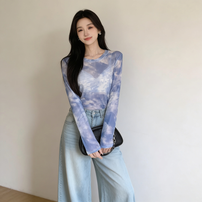 Blue and White Tie-Dye Long Sleeve Shirt | Aesthetic Tie-Dye Top