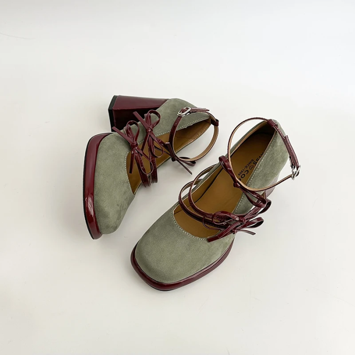 Pair of green suede shoes with brown accents| Coquette Bow Mary Janes | Aesthetic Shoes