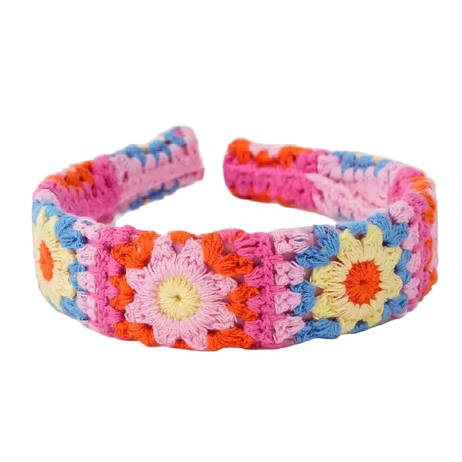 Colorful crocheted headband with floral patterns | Bohemian Knitted Headband – Cute Pastel Summer Hair Accessory for Women and Girls