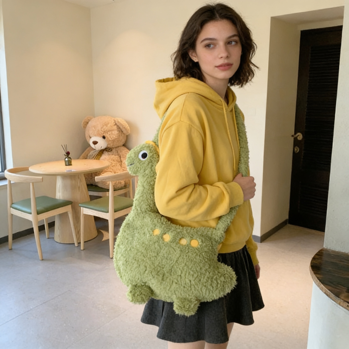 Cute Green Dinosaur Plush Crossbody Bag – Kawaii Aesthetic Shoulder Purse