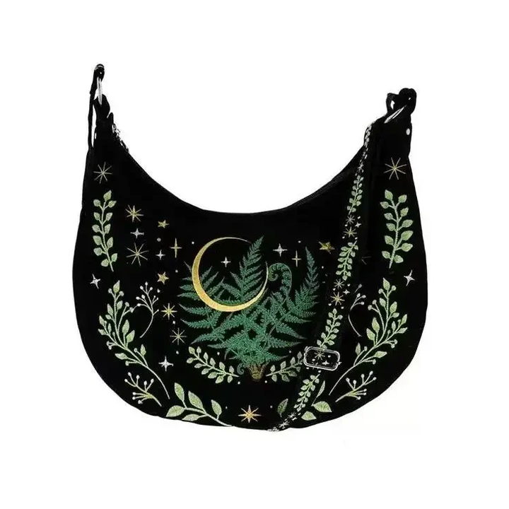 Black bag with green leaf and moon design on a white background | Secret Garden Embroidery Bag | Aesthetic Bag
