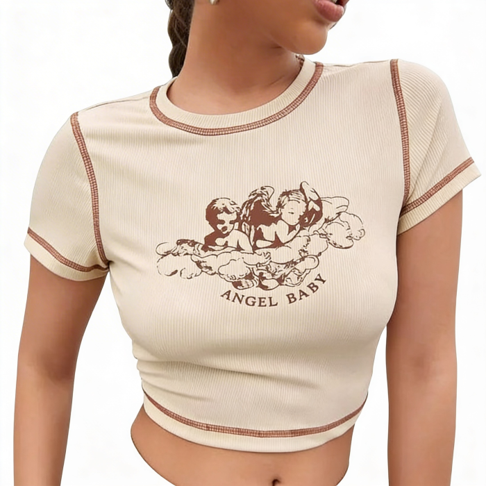 Beige ribbed top with 'Angel Baby' graphic design| Angel Baby Aesthetic Crop Top | Aesthetic Clothes