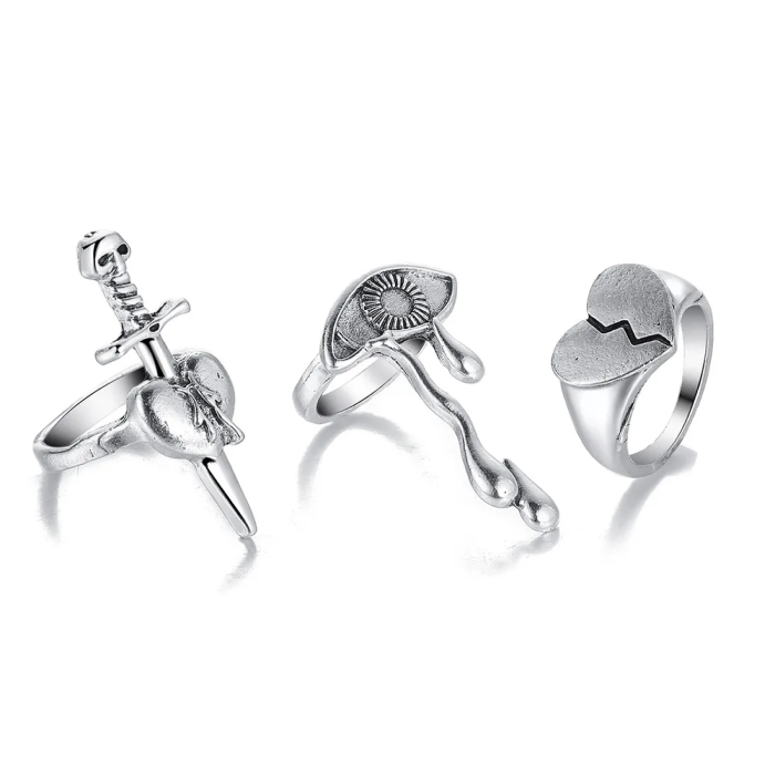Three silver rings with unique designs | Broken Soul Ring Trio | Aesthetic Rings