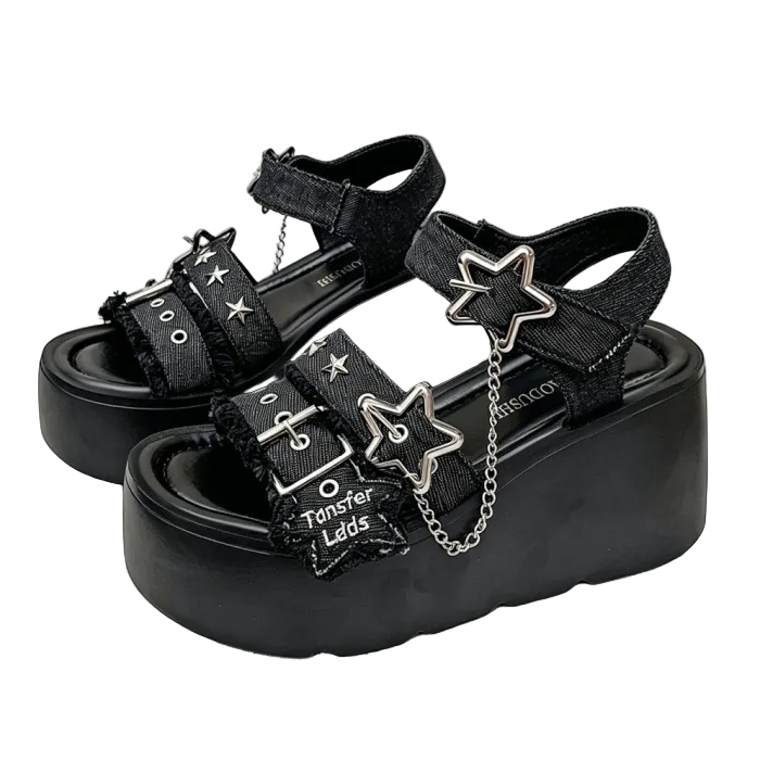 Black Aesthetic Star Platform Sandals – Chunky Chain Wedge Sandals