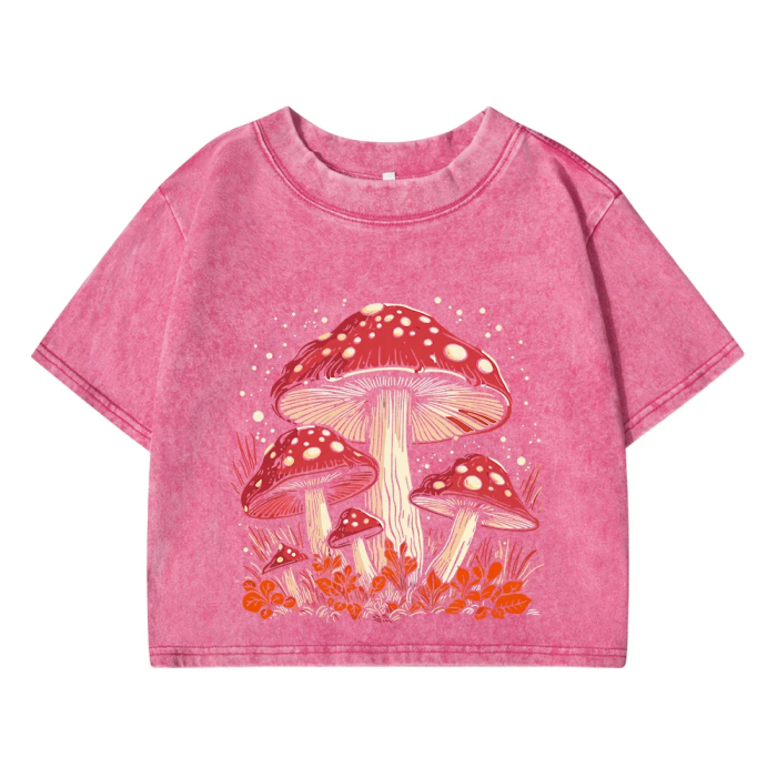 pink Loose Cotton Crop Top – Poisonous Red Mushroom Graphic Aesthetic Tee