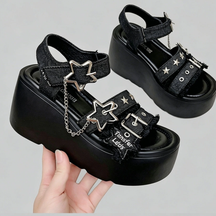 Black Aesthetic Star Platform Sandals – Chunky Chain Wedge Sandals