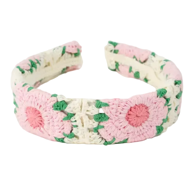 Crocheted headband with pink and green floral pattern | Bohemian Knitted Headband – Cute Pastel Summer Hair Accessory for Women and Girls