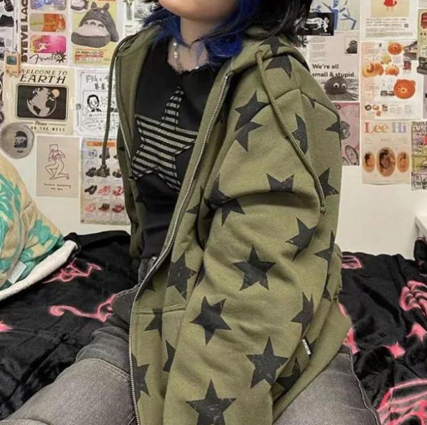 Y2K Green Star Hoodie | Aesthetic Clothes