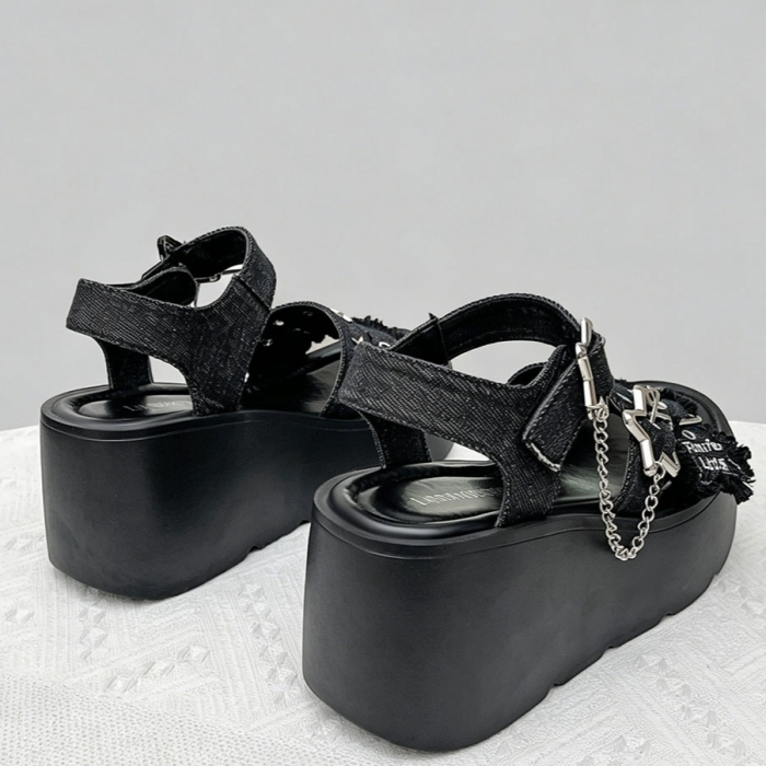 Black Aesthetic Star Platform Sandals – Chunky Chain Wedge Sandals