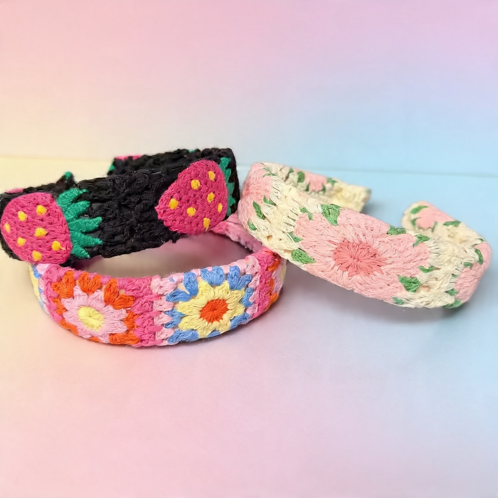 Set of colorful crocheted headbands on a gradient background | Bohemian Knitted Headband – Cute Pastel Summer Hair Accessory for Women and Girls