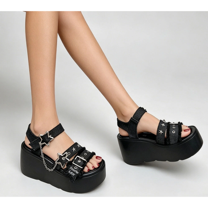 Black Aesthetic Star Platform Sandals – Chunky Chain Wedge Sandals