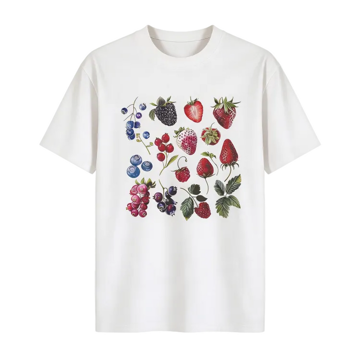 White t-shirt with colorful berry design on a white background | Berry Sweet Graphic Tee | Aesthetic T-Shirt