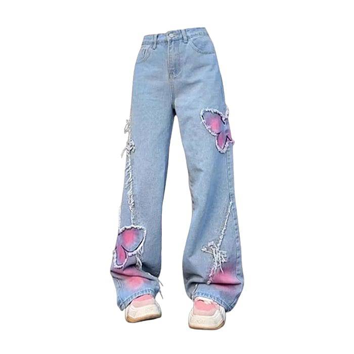 Pastel Butterfly Wide Leg Jeans | Aesthetic Clothes