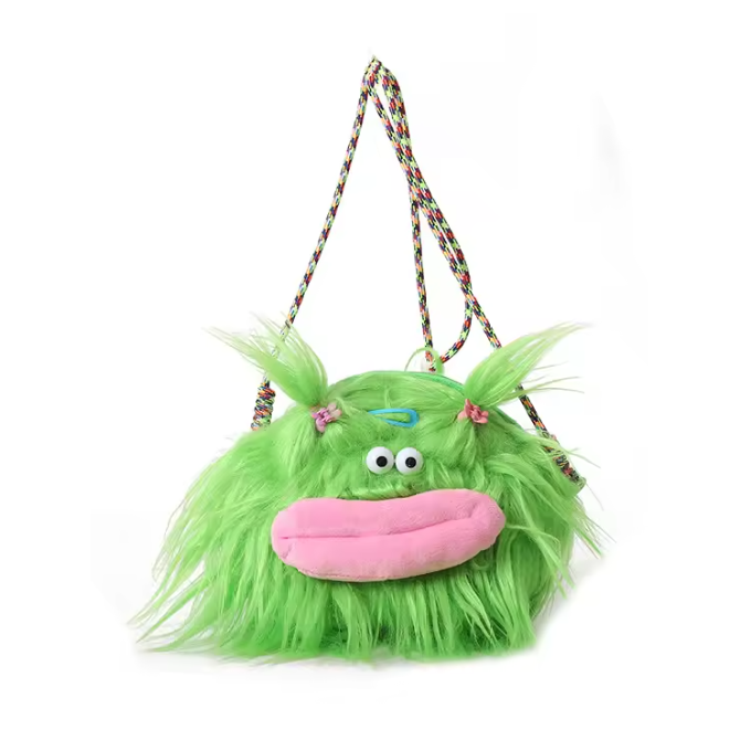 Green Fluffy Monster Crossbody Bag – Kawaii Furry Plush Purse with Pink Mouth