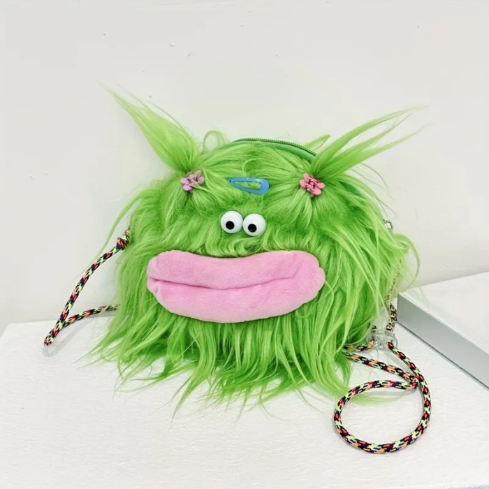 green Fluffy Monster Crossbody Bag – Kawaii Furry Plush Purse with Pink Mouth