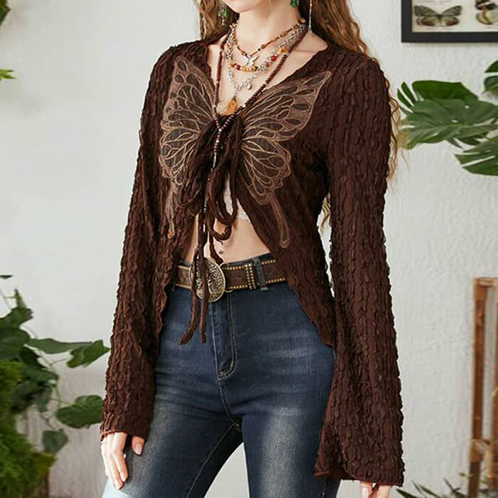 Fairy Grunge Butterfly Top – Brown Lace Long Sleeve Top