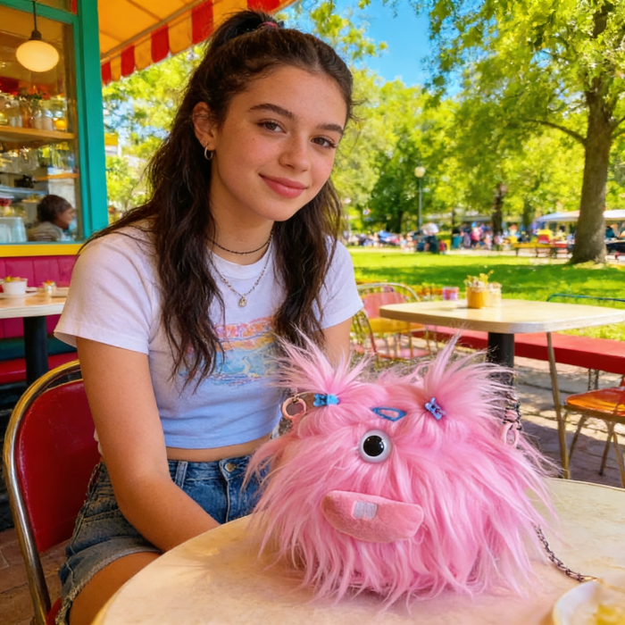 pink Fluffy Monster Crossbody Bag – Kawaii Furry Plush Purse with Pink Mouth
