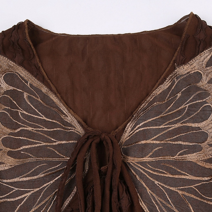Fairy Grunge Butterfly Top – Brown Lace Long Sleeve Top