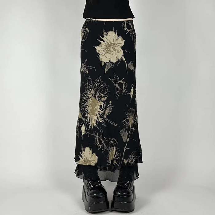 Black Floral Maxi Skirt – Dark Grunge Aesthetic Long Skirt