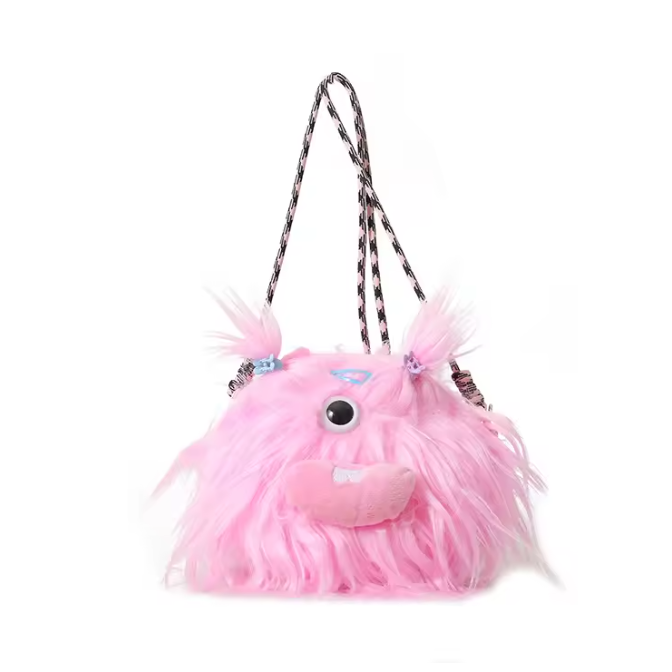 pink Fluffy Monster Crossbody Bag – Kawaii Furry Plush Purse with Pink Mouth