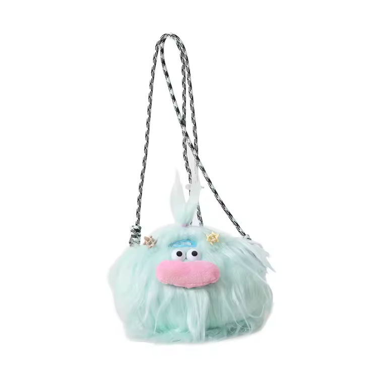 blue Fluffy Monster Crossbody Bag – Kawaii Furry Plush Purse with Pink Mouth