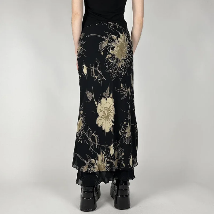 Black Floral Maxi Skirt – Dark Grunge Aesthetic Long Skirt