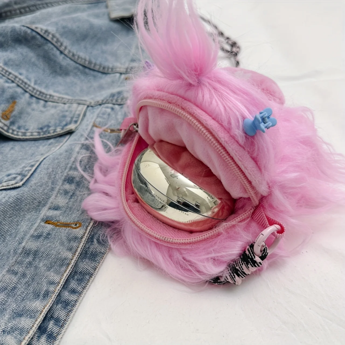 pink Fluffy Monster Crossbody Bag – Kawaii Furry Plush Purse with Pink Mouth