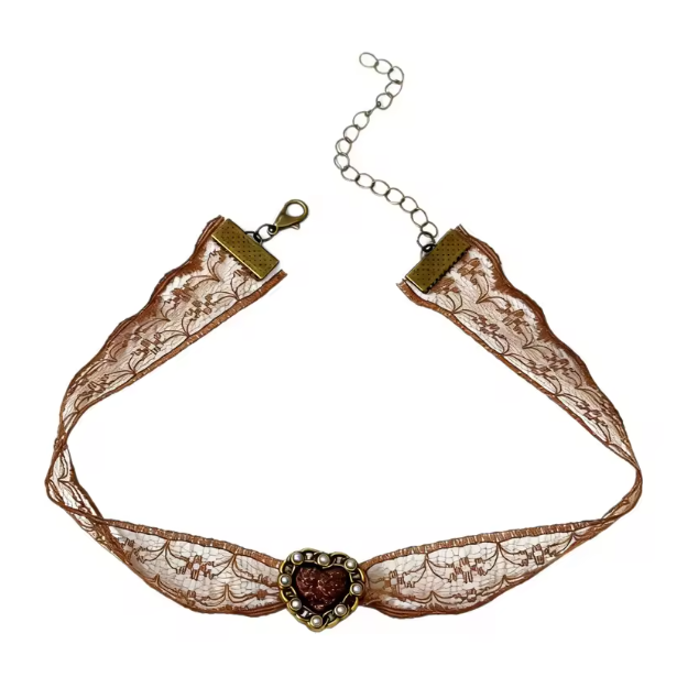 Vintage Brown Lace Choker Necklace with Heart Pendant – Dark Academia Aesthetic Jewelry