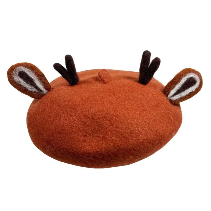 Brown beret with deer antlers and ears 