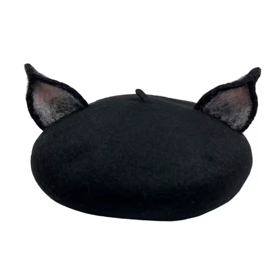 Black beret with cat ears | Aesthetic Winter Ears Hat | Aesthetic Hats